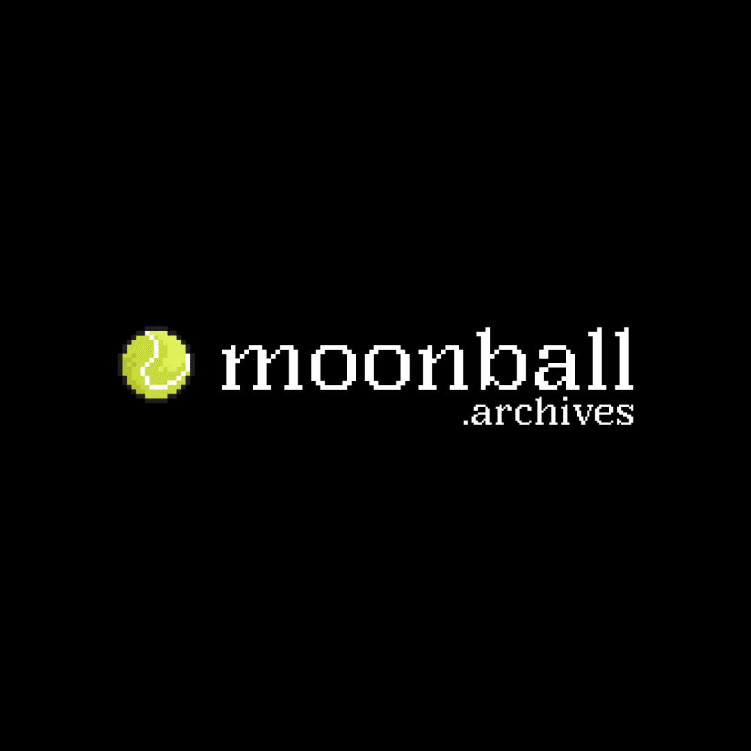 Black background with the Moonball Archives logo in white and a pixel art tennis ball