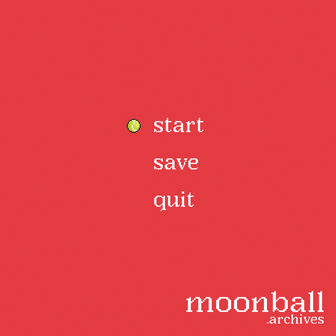 Red background with white text to start the game, a bouncing pixel art tennis ball, and the Moonball Archives logo in white