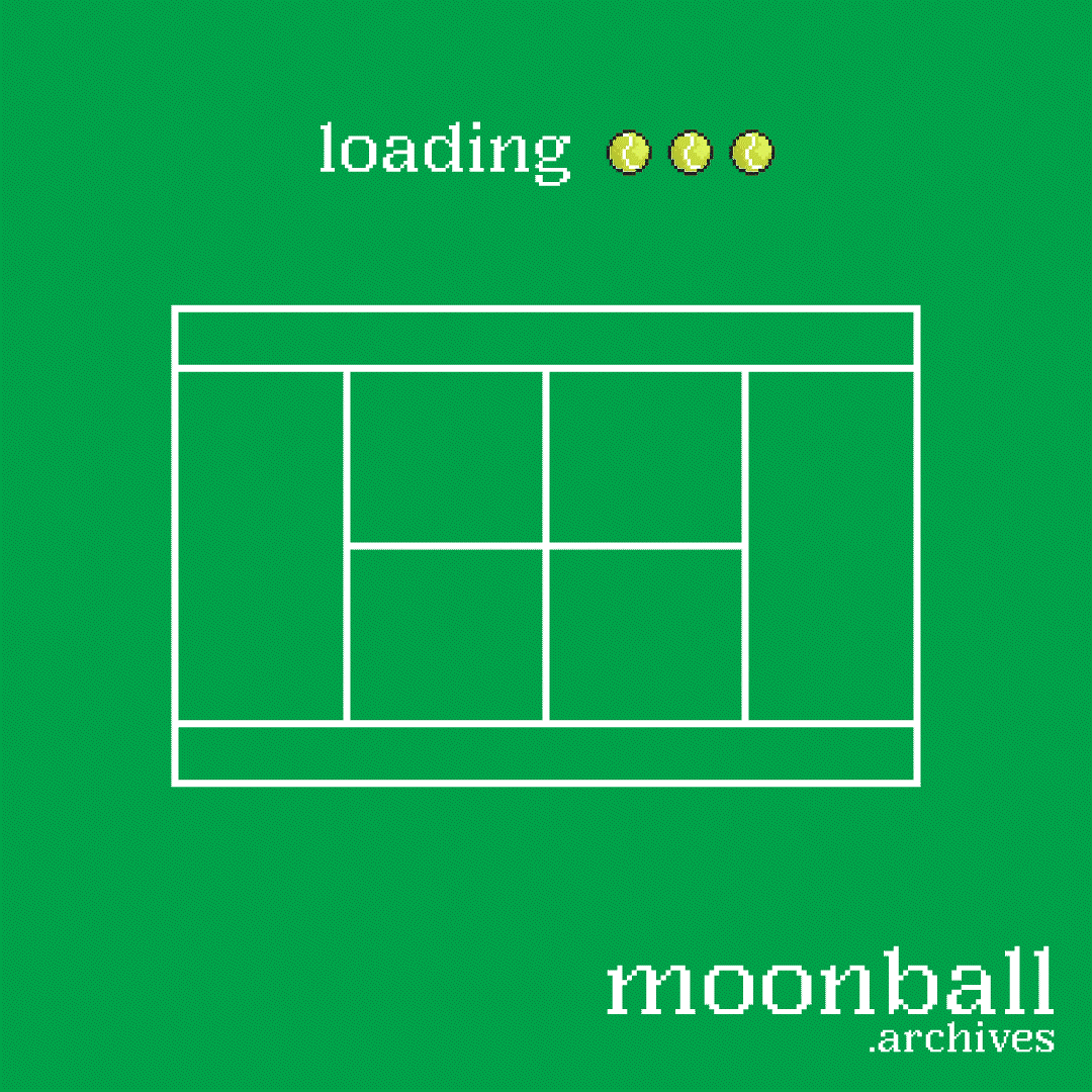 Green background with a white outline drawing of a tennis court, 3 pixel art tennis balls, and the Moonball Archives logo in white
